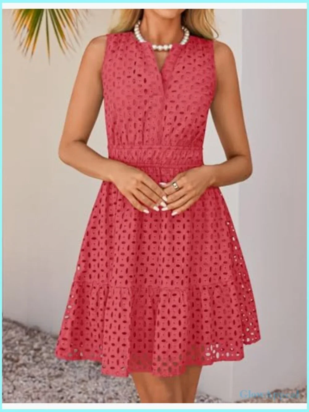 Sleeveless Mini Dress V Neck Eyelet Flowy A Line Beach Vacation Sundress
